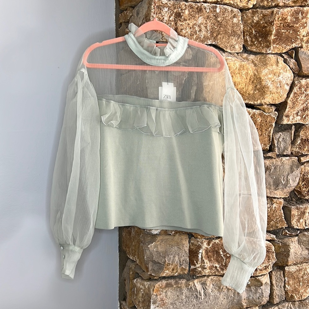 ZARA ORGANZA KNIT TOP - SEA GREEN